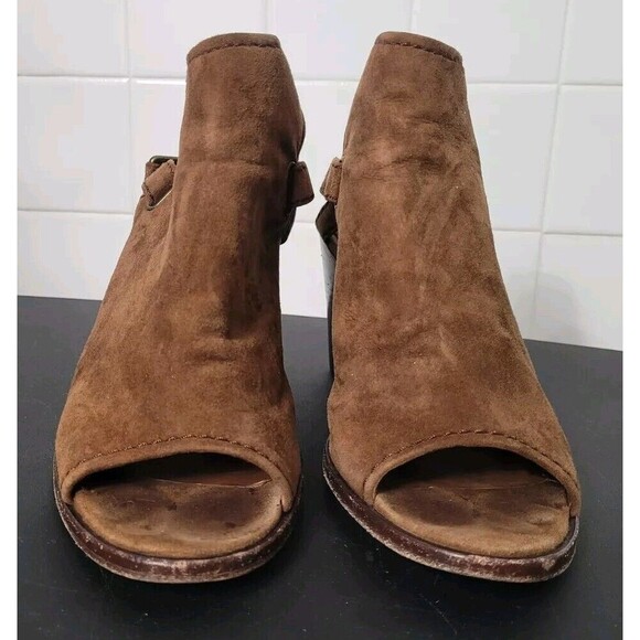 Frye Dani Shield Slingback Sandal Heels Open Toe Suede Wood Brown Size 9M** - Picture 1 of 12